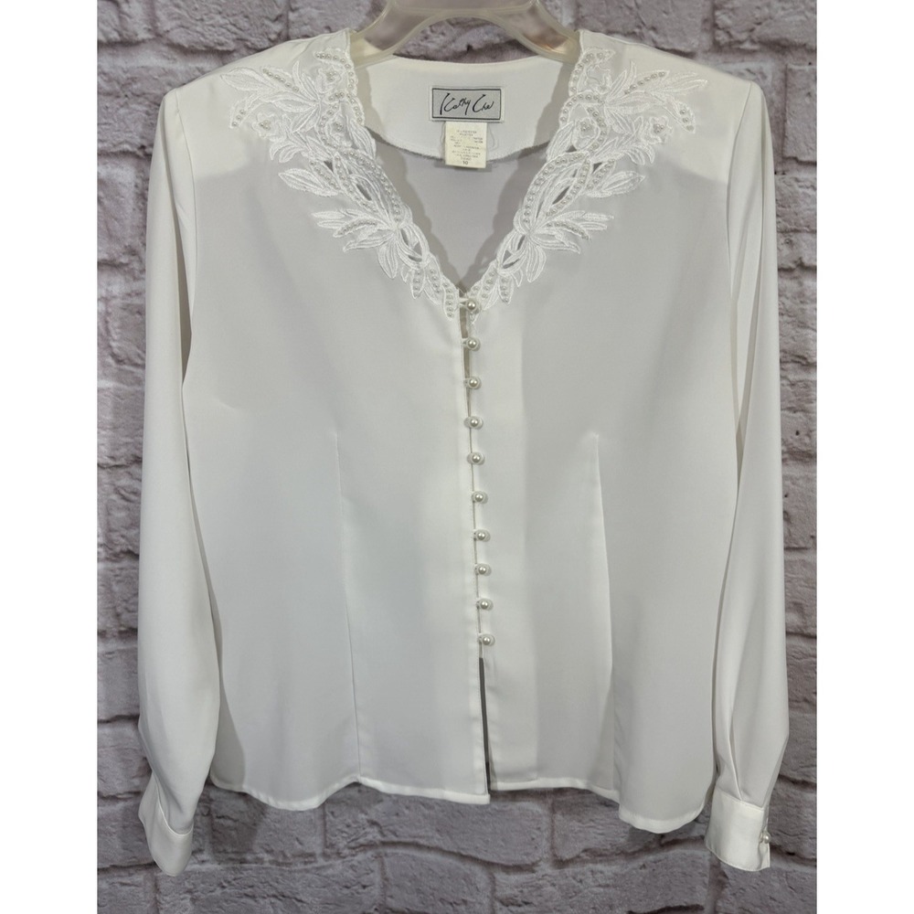 VTG Kathy Che Lace Beaded Blouse Size 10 White Romantic Cottagecore Feminine